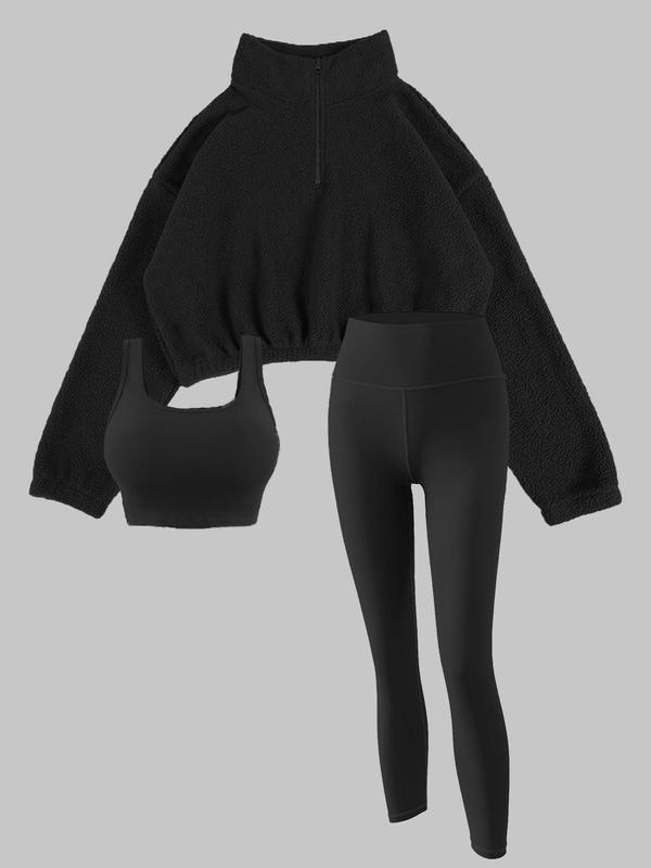 Three-piece Set Women's Solid Half Zip Up Fuzzy Sweatshirt & High Waist Leggings & Crop Sports Vest Set, Casual Sportwear Set for Yoga Gym Workout Running, Ladies Fall & Winter Sportswear