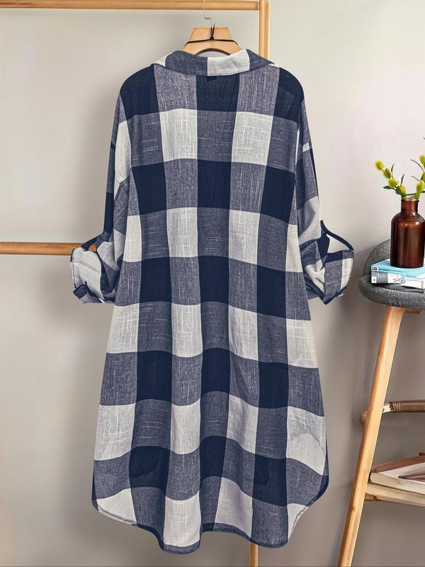  Women's Plaid Print Button Front High Low Hem Shirt, Casual Roll Up Sleeve Collared Top for Daily Wear, Ladies Clothes for All Seasons