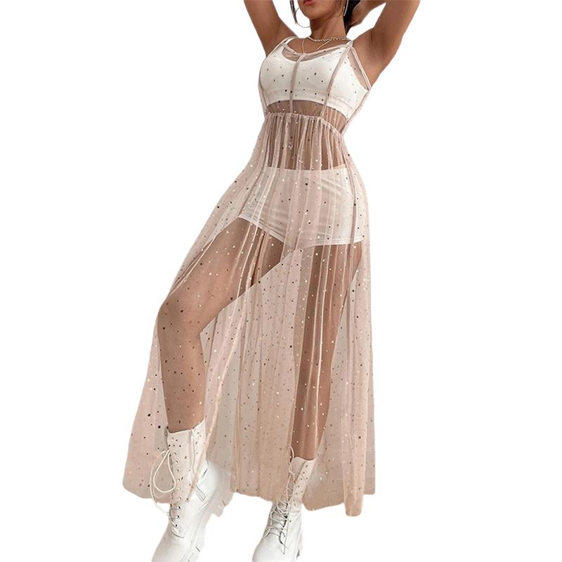 Women Sexy Spaghetti Strap Sheer Mesh High Split Long Maxi Dress Grown for Evening Party Rave Prom