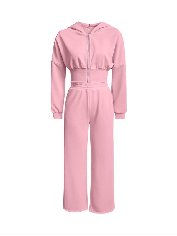 Women's Solid Zip Up Crop Hooded Jacket & Elastic Waist Sweatpants Two-piece Set, Casual Fashion Drop Shoulder Long Sleeve Outerwear & High Waist Trousers for Daily Outdoor Wear, Women's Clothing for Fall & Winter
