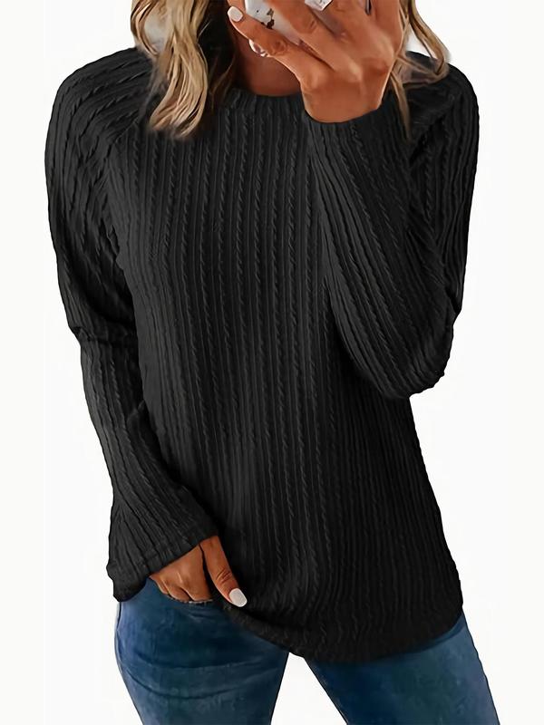 Women's Solid Textured Raglan Sleeve T-shirt, Casual Long Sleeve Round Neck Top for Fall & Winter, Fashion Ladies' Knit Clothing for Daily Wear