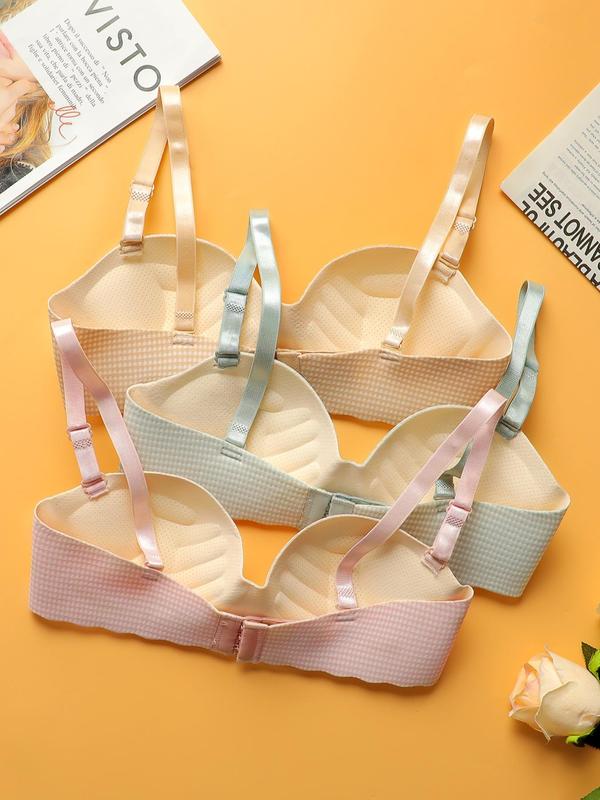 Women's 3pcs Gingham Print Scallop Trim Wireless Bra, Comfortable Breathable Soft Adjustable Strap Push Up Bra for Daily Wear, Lingerie for All Seasons