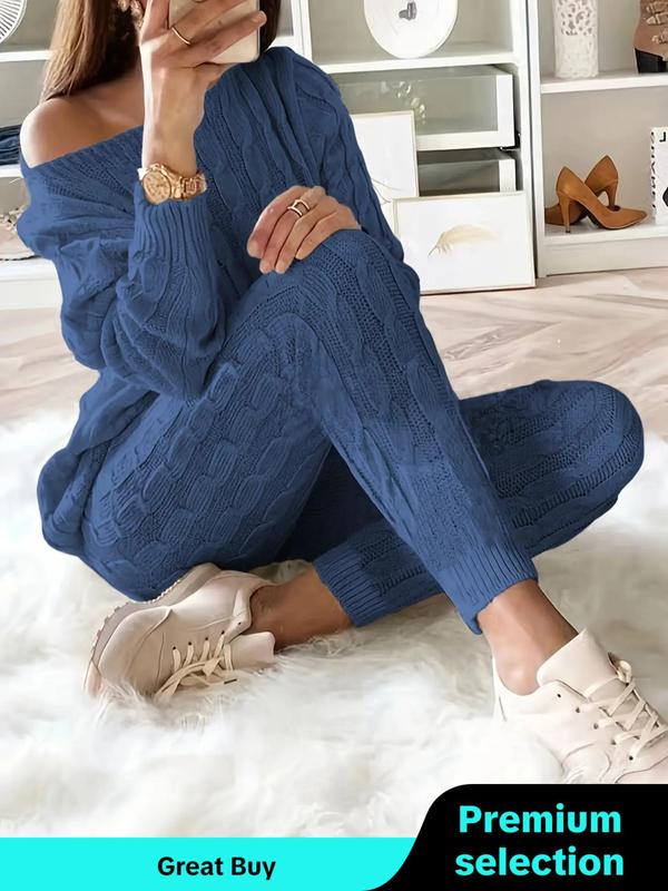 Women's Solid Drop Shoulder Sweater & Elastic Waist Pants Set, Casual Fashion Cozy Off The Shoulder Knit Top & Trousers for Fall, 2 Piece Sets Women, Women's Fall Knitwear Outfits, Sweater Sets, Sweater Co-ords Downtown Girl Clothes