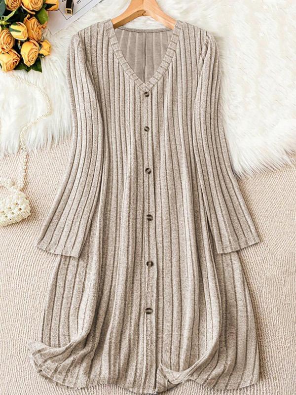  Solid Button Front Ribbed V Neck Dress, Casual Long Sleeve Dress for Fall & Winter, Women's Clothes for Daily Wear