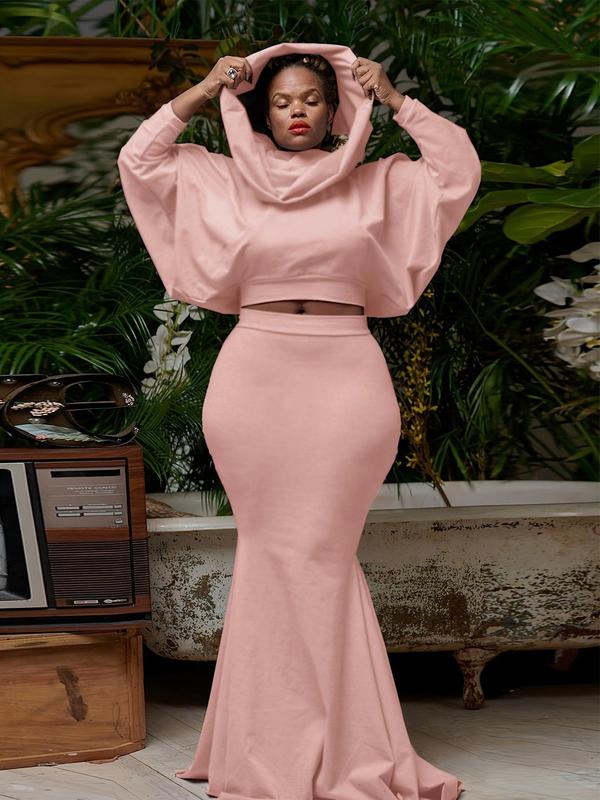 Two-piece Set Women's Solid Batwing Sleeve Crop Hoodie & Mermaid Skirt Two-piece Set, Casual Fashion Cozy Top & Skirt for Daily Wear, Two Piece Set Women, Winter Set Clothes Women, Ladies Spring & Fall Clothes, Birthday Gifts