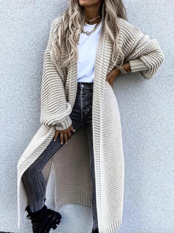 Women's Solid Color Split Hem Drop Shoulder Long Cardigan, Casual Long Sleeve Open Front Knitwear for Fall & Winter, Women's Knit Clothing for Daily Wear