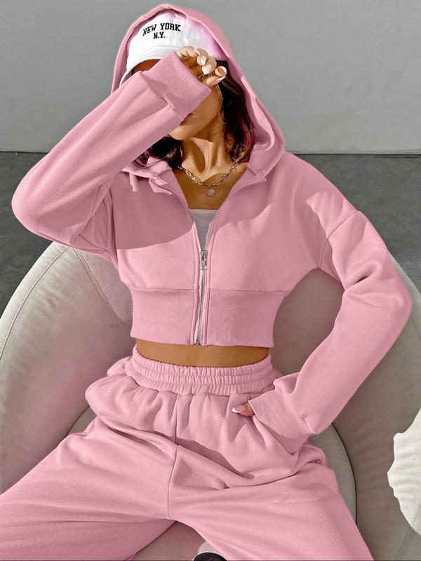 Women's Solid Zip Up Crop Hooded Jacket & Elastic Waist Sweatpants Two-piece Set, Casual Fashion Drop Shoulder Long Sleeve Outerwear & High Waist Trousers for Daily Outdoor Wear, Women's Clothing for Fall & Winter
