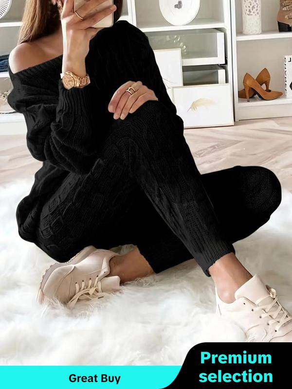 Women's Solid Drop Shoulder Sweater & Elastic Waist Pants Set, Casual Fashion Cozy Off The Shoulder Knit Top & Trousers for Fall, 2 Piece Sets Women, Women's Fall Knitwear Outfits, Sweater Sets, Sweater Co-ords Downtown Girl Clothes