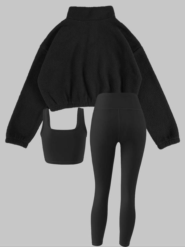 Three-piece Set Women's Solid Half Zip Up Fuzzy Sweatshirt & High Waist Leggings & Crop Sports Vest Set, Casual Sportwear Set for Yoga Gym Workout Running, Ladies Fall & Winter Sportswear