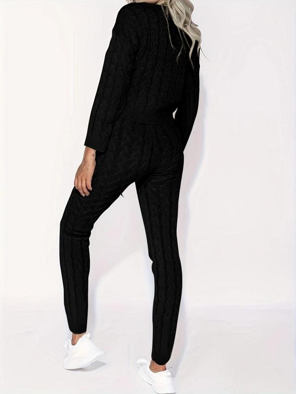 Women's Solid Drop Shoulder Sweater & Elastic Waist Pants Set, Casual Fashion Cozy Off The Shoulder Knit Top & Trousers for Fall, 2 Piece Sets Women, Women's Fall Knitwear Outfits, Sweater Sets, Sweater Co-ords Downtown Girl Clothes