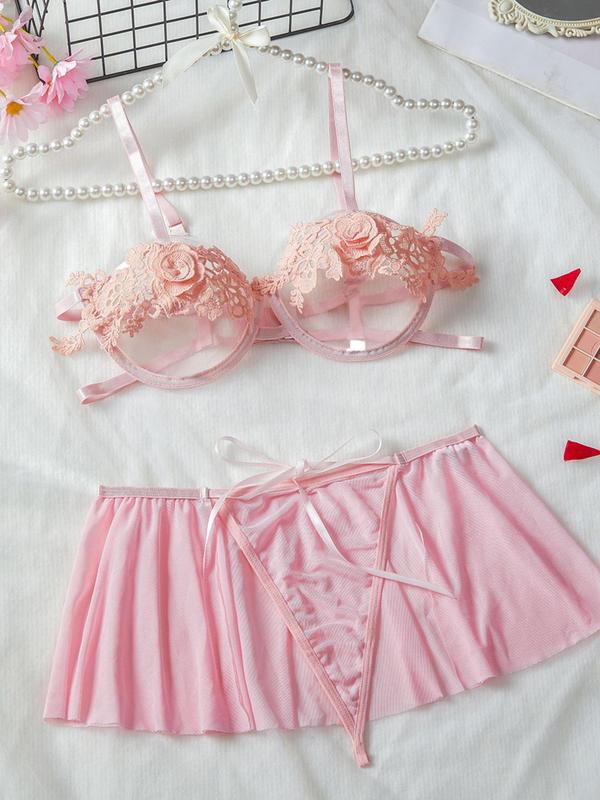  Contrast Lace Bra & Thong & Skirt Set, Solid Color Spaghetti Strap Lingerie Set, Women's Underwear Set for All Seasons