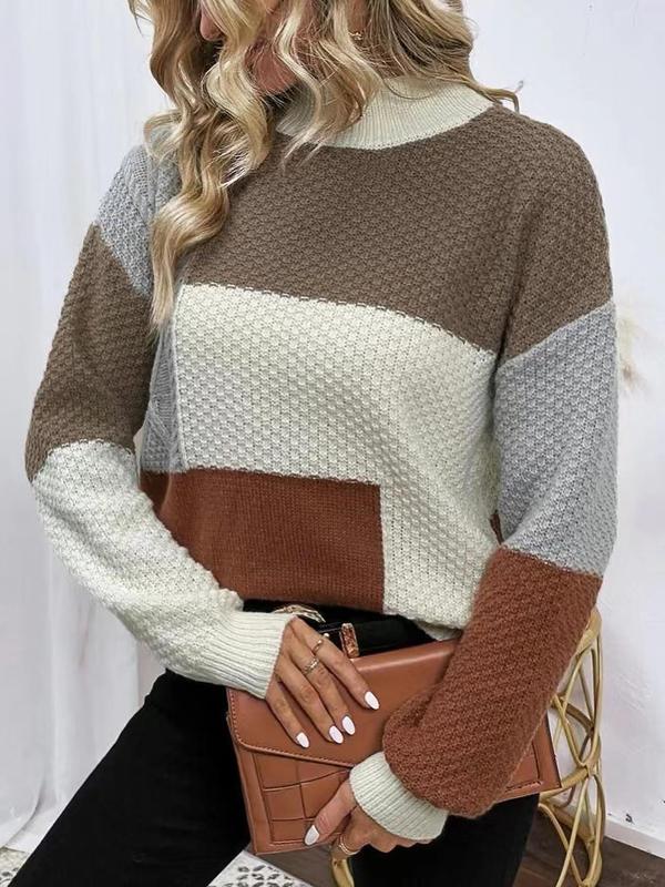 Women's Basic Minimalist Colorblock Drop Shoulder Mock Neck Sweater, Lady Casual Comfort Lightweight Textured Jumper for Daily Wear, Longsleeves Knitwear, Going Out Outfits, Sweaters for Women, Fall Clothing Women