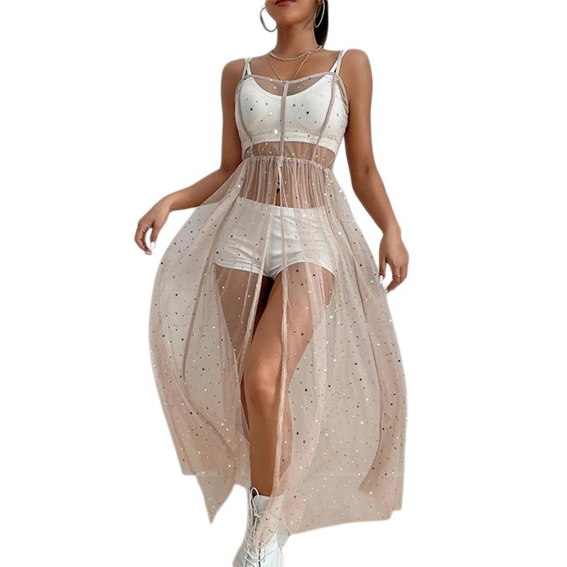 Women Sexy Spaghetti Strap Sheer Mesh High Split Long Maxi Dress Grown for Evening Party Rave Prom