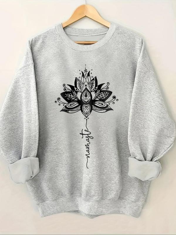 Women's Lotus & Letter Print Crew Neck Sweatshirt, Casual Long Sleeve Pullover for Fall & Winter, Women's Clothes for Daily Wear