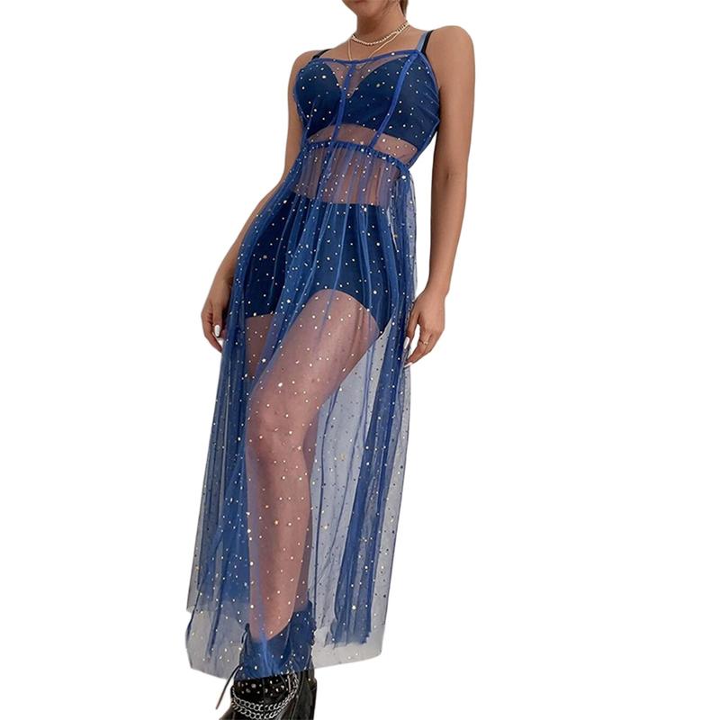 Women Sexy Spaghetti Strap Sheer Mesh High Split Long Maxi Dress Grown for Evening Party Rave Prom