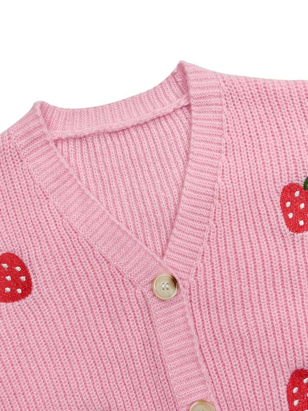 Women's Strawberry Embroidery Button Front Crop Cardigan, Casual V Neck Lantern Sleeve Knitwear for Spring & Fall, Fashion Women's Knit Clothing for Daily Wear