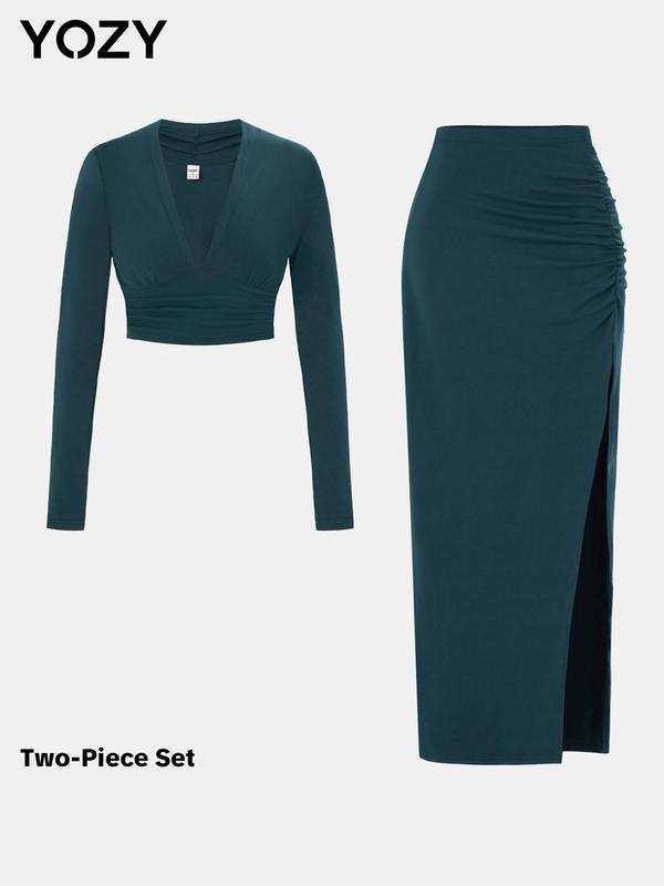 YOZY Women's Solid Crop Top & Ruched Split Thigh Skirt Two-piece Set, Elegant Fashion Casual V Neck Long Sleeve Top & Skirt for Daily Outdoor Wear, Women's Clothing for All Seasons