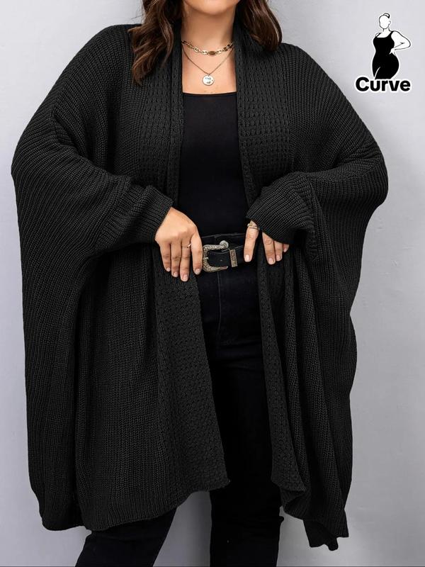  Solid Batwing Sleeve Open Front Cardigan, Cardigan for Women, Casual Long Sleeve Knit Outerwear for Fall & Winter, Women's Clothing for Daily Wear