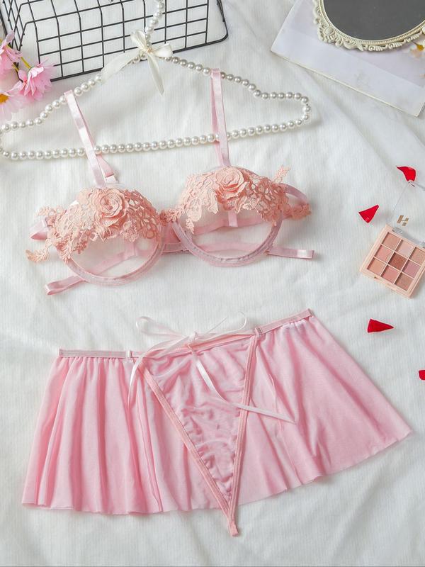  Contrast Lace Bra & Thong & Skirt Set, Solid Color Spaghetti Strap Lingerie Set, Women's Underwear Set for All Seasons