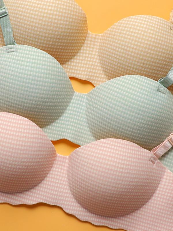 Women's 3pcs Gingham Print Scallop Trim Wireless Bra, Comfortable Breathable Soft Adjustable Strap Push Up Bra for Daily Wear, Lingerie for All Seasons