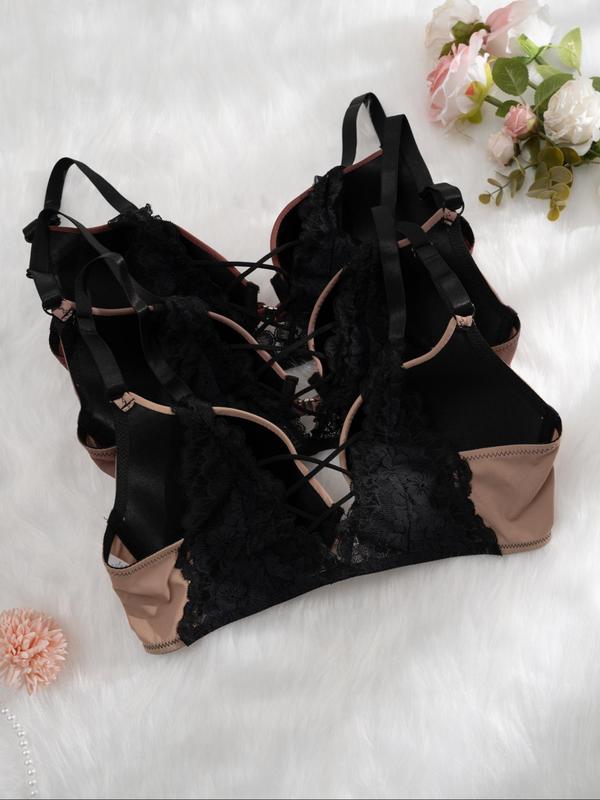 Plus Size 3 Counts Contrast Lace Criss Cross Push Up Bra, Soft Comfy Adjustable Strap Buckle Front Underwear Bra for Daily Wear, Women's Plus Size Underwear for All Seasons