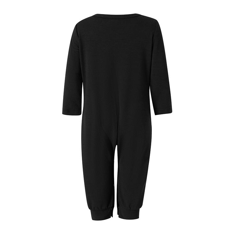 Black Matching Christmas Pajamas For Family, String Lights Christmas Tree Print Long-Sleeved Tops + Elastic Waist Plaid Trousers Romper