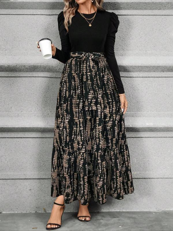 Women's Floral Patchwork Print Belted Ruffle Hem A Line Dress, Elegant Puff Sleeve Round Neck Long Dress for Spring & Fall, Women's Clothing for Daily Wear