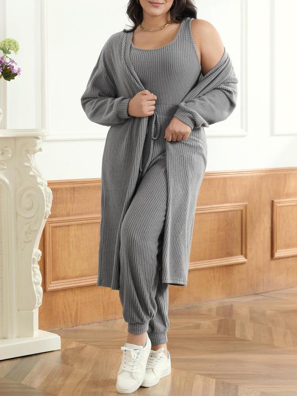 CURVZY Plus Size Two-Piece Set Solid Ribbed Drop Shoulder Outerwear & Drawstring Waist Jumpsuit, Casual Long Sleeve Top & Pocket Sleeveless Jumpsuit Set for Spring & Fall, Women's Clothes for Daily Wear