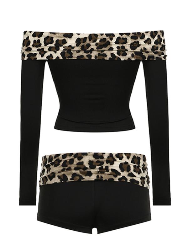 Two-piece Set Women's Leopard Patchwork Off Shoulder Crop Top & Ruched Shorts, Casual Fashion Cozy Long Sleeve Top & Drop Waist Shorts for Daily Outdoor Wear, Ladies Clothes for All Seasons