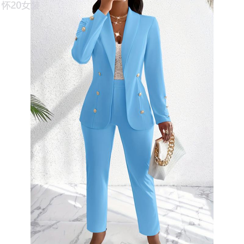 Elegant Women's Polyester Blend Pantsuit Set -  Lapel Blazer with Button Details and Solid Color Trousers (2-Piece Outfit, Knit Fabric, 95% Polyester, 5% Elastane) - For Women - Suitable for Work, Parties, and Formal Occasions - Womenswear Bottom  Bottom