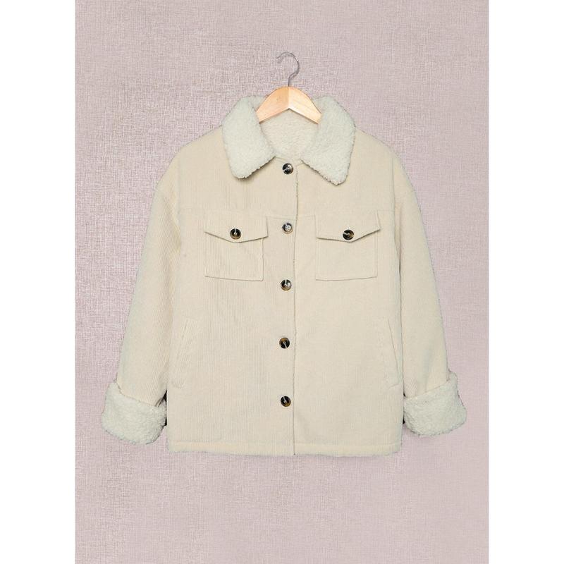 Dokotoo Corduroy Sherpa Jacket for Women Button Down Fleece Fur Collar Winter Warm Coat