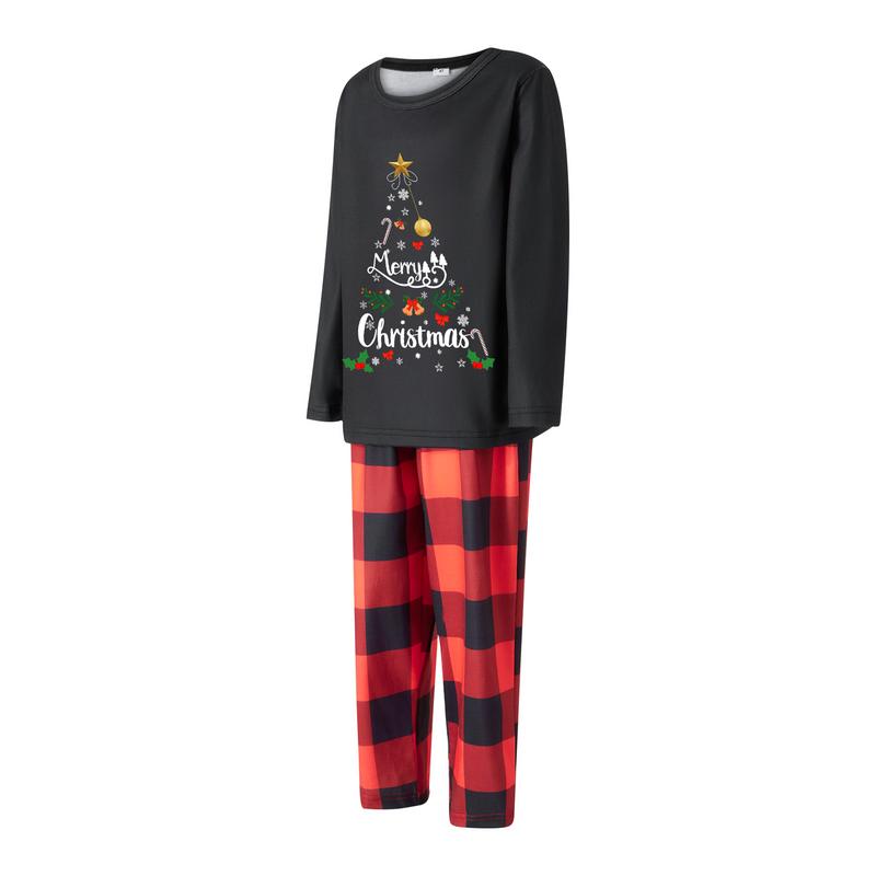Black Matching Christmas Pajamas For Family, String Lights Christmas Tree Print Long-Sleeved Tops + Elastic Waist Plaid Trousers Romper