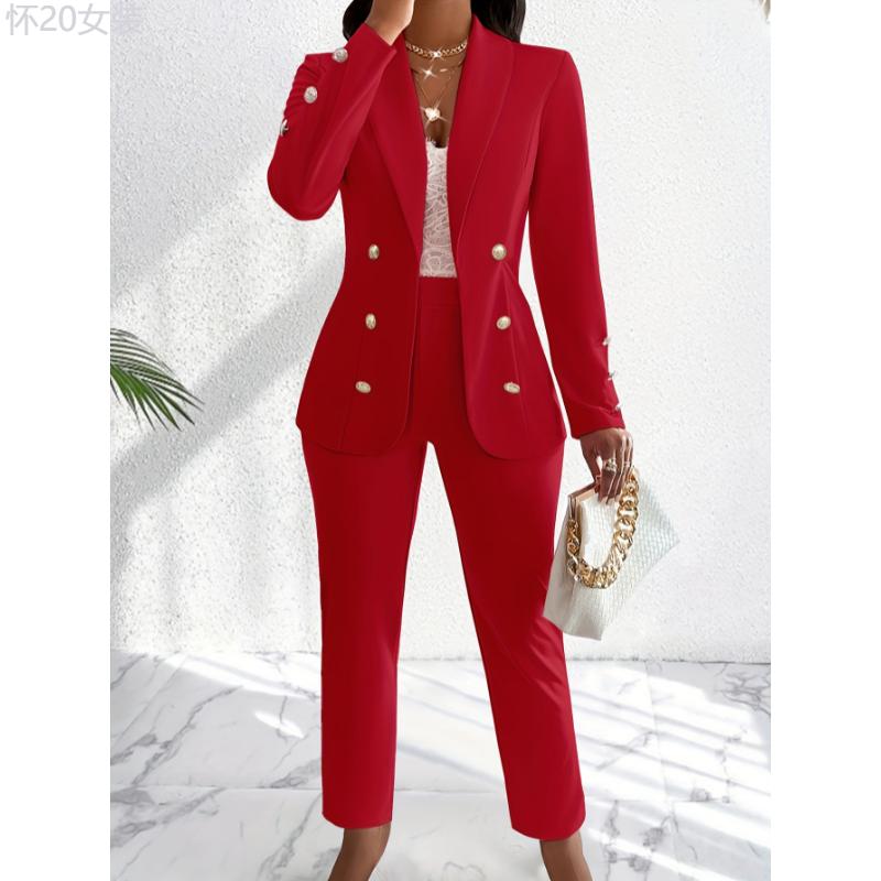 Elegant Women's Polyester Blend Pantsuit Set -  Lapel Blazer with Button Details and Solid Color Trousers (2-Piece Outfit, Knit Fabric, 95% Polyester, 5% Elastane) - For Women - Suitable for Work, Parties, and Formal Occasions - Womenswear Bottom  Bottom