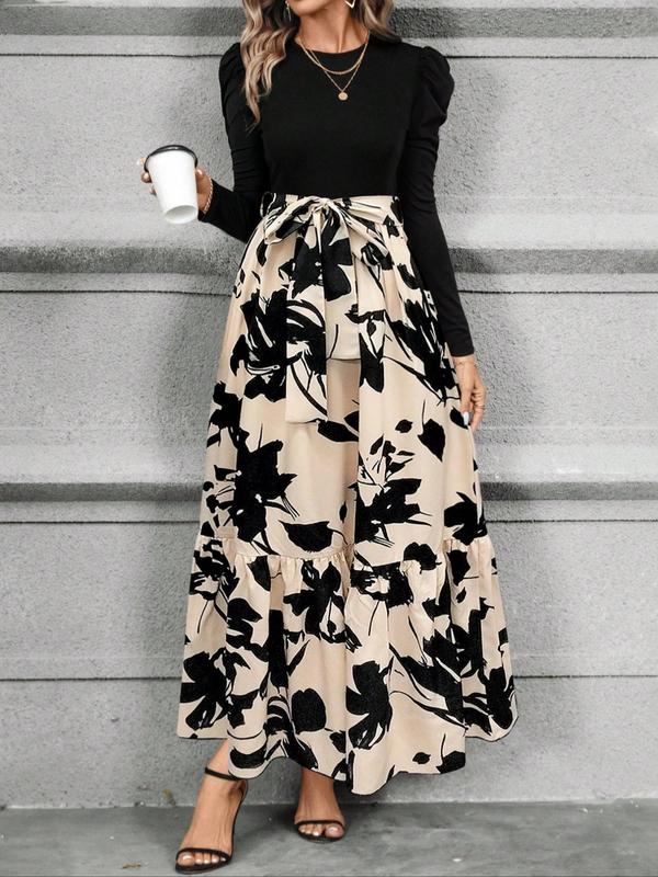Women's Floral Patchwork Print Belted Ruffle Hem A Line Dress, Elegant Puff Sleeve Round Neck Long Dress for Spring & Fall, Women's Clothing for Daily Wear