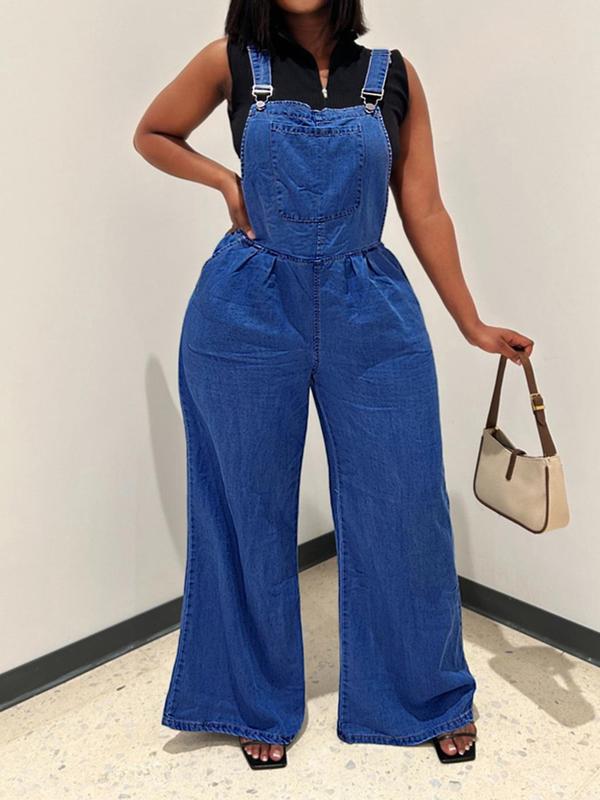 Women's Plain Pocket Adjustable Strap Overalls, Casual Wide Leg Overall Jumpsuit for Daily Wear, Ladies Bottoms for All Seasons