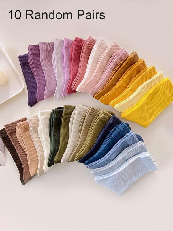 Random 10 Pairs Women's Solid Crew Socks, Casual Moisture Wicking Socks, Soft Comfy Breathable Socks for All Seasons Daily Wear