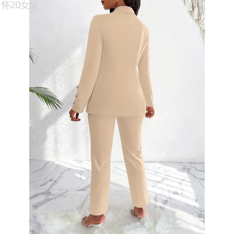 Elegant Women's Polyester Blend Pantsuit Set -  Lapel Blazer with Button Details and Solid Color Trousers (2-Piece Outfit, Knit Fabric, 95% Polyester, 5% Elastane) - For Women - Suitable for Work, Parties, and Formal Occasions - Womenswear Bottom  Bottom