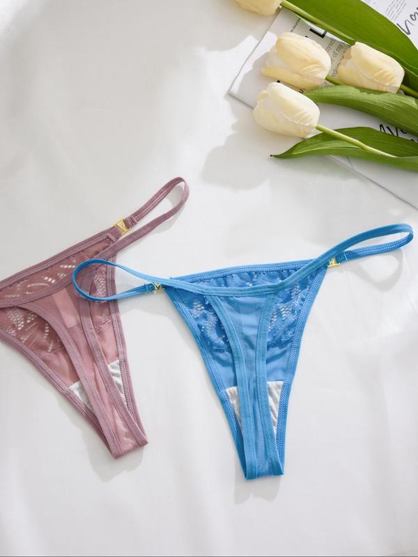 Women's Contrast Lace Sheer Thong, Breathable Comfy Panty for Daily Wear, Women's Underwear for All Seasons