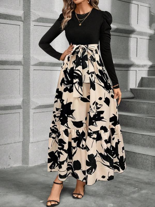 Women's Floral Patchwork Print Belted Ruffle Hem A Line Dress, Elegant Puff Sleeve Round Neck Long Dress for Spring & Fall, Women's Clothing for Daily Wear