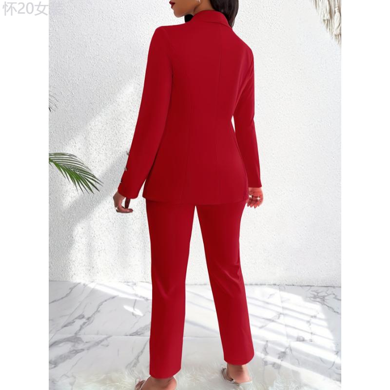 Elegant Women's Polyester Blend Pantsuit Set -  Lapel Blazer with Button Details and Solid Color Trousers (2-Piece Outfit, Knit Fabric, 95% Polyester, 5% Elastane) - For Women - Suitable for Work, Parties, and Formal Occasions - Womenswear Bottom  Bottom