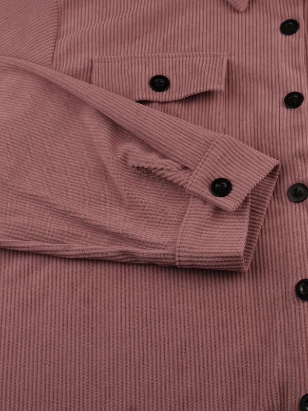 Solid Button Front Pocket Corduroy Jacket, Casual Long Sleeve Collared Outerwear for Fall & Winter, Women's Clothes for Daily Wear