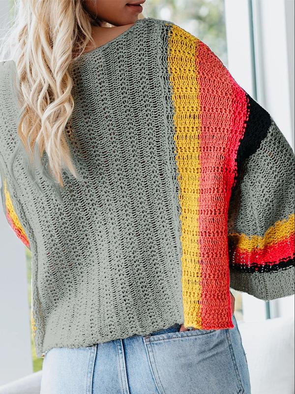 Women's Colorblock Striped Print Flounce Sleeve Sweaters, Casual Long Sleeve Round Neck Knitting Jumper, Fall Clothes, Knit Sweater for Women, Ladies' Knitwear for Daily Wear, Womenswear