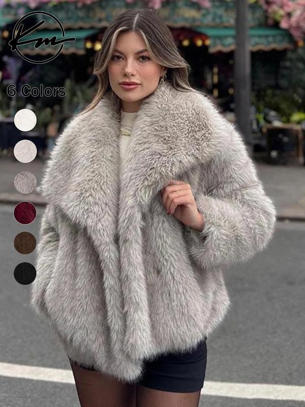 Women's Elegant Solid Color Wide Lapel Snap Closure Fuzzy Thermal Outerwear