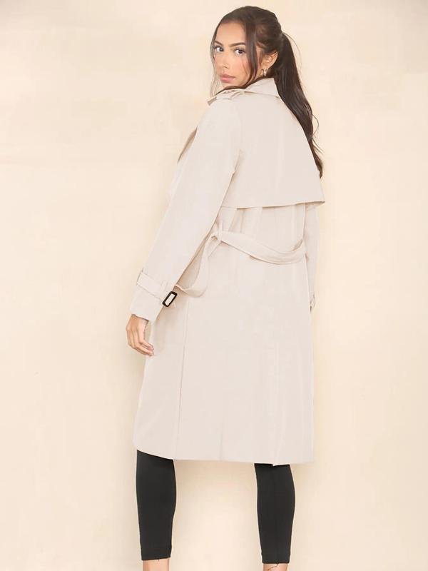 Women's Solid Double Button Belted Trench Coats, Elegant Lapel Neck Long Sleeve Coat for Fall, Winter Wear Casual Wear , Women's Outerwear for Daily Wear