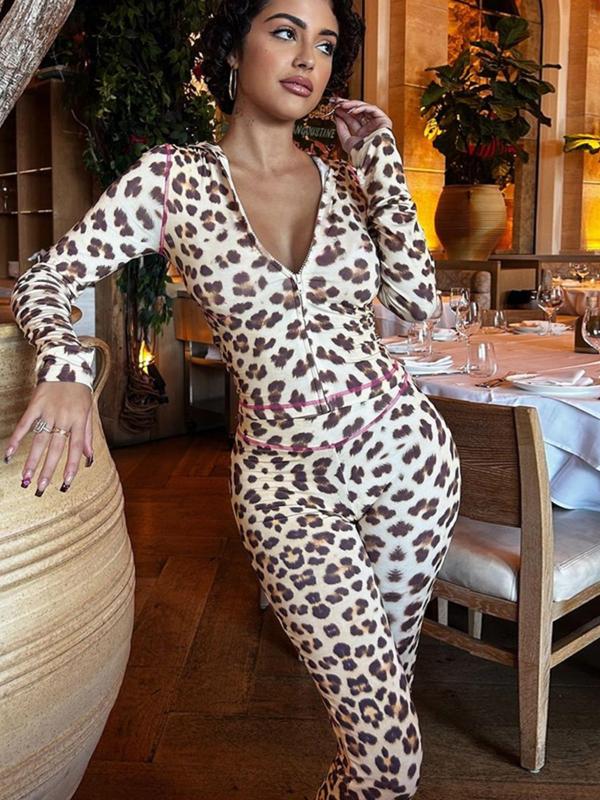 Women's Plain Leopard Print Zipper Crop Hoodie & Skinny Pants Two-piece Set, Casual Comfortable Flatter Silhouette Wear Long Sleeve Hooded Top & High Waist Trousers for Spring & Fall, Women's Clothes for Daily Wear Girl Clothes Girl Clothes