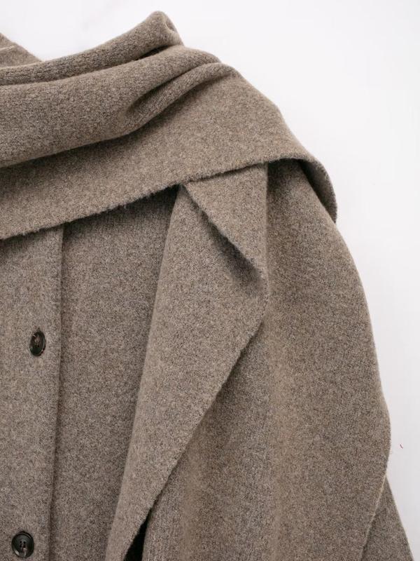 Women's Solid Button Front Pocket Coat with Scarf, Casual Long Sleeve Outerwear for Fall & Winter, Women's Clothing for Daily Wear