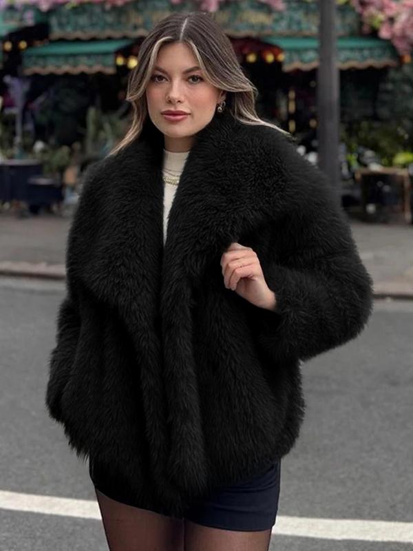 Women's Elegant Solid Color Wide Lapel Snap Closure Fuzzy Thermal Outerwear