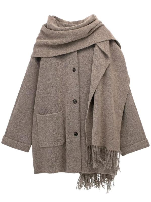 Women's Solid Button Front Pocket Coat with Scarf, Casual Long Sleeve Outerwear for Fall & Winter, Women's Clothing for Daily Wear
