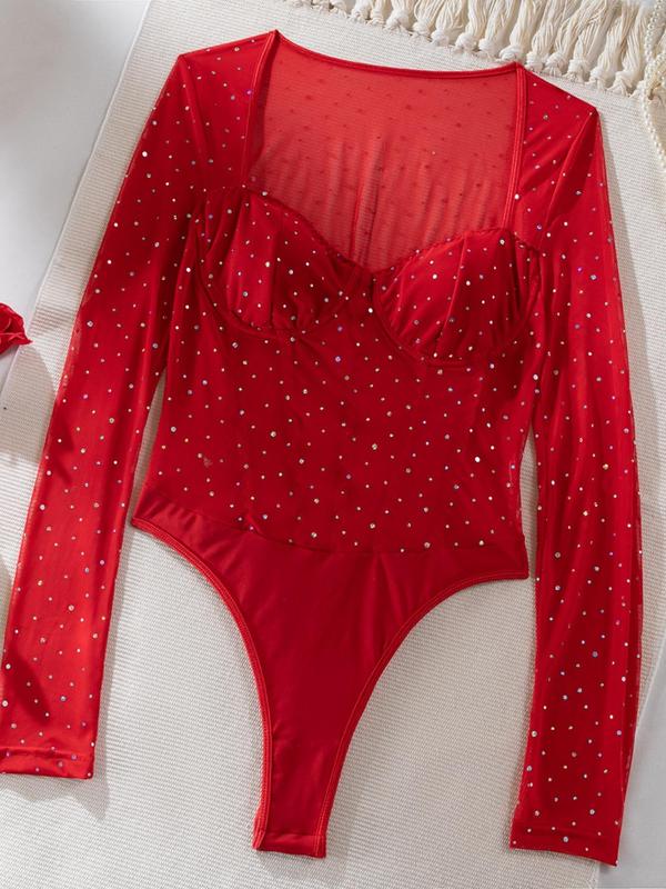 Women's Contrast Mesh Sheer Glitter Sequins Shapewear Bodysuit, Elegant Sweetheart Neck Long Sleeve Open Crotch Bodysuit, Lady's Shapewear