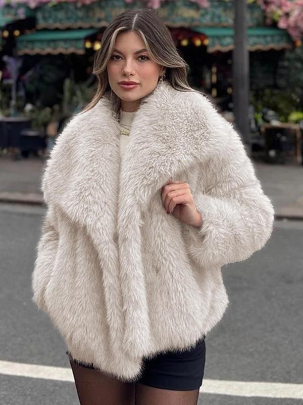 Women's Elegant Solid Color Wide Lapel Snap Closure Fuzzy Thermal Outerwear